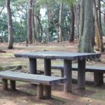 玖島崎キャンプ場のベンチ、テーブルとイスの写真