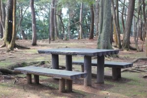 玖島崎キャンプ場のベンチ、テーブルとイスの写真