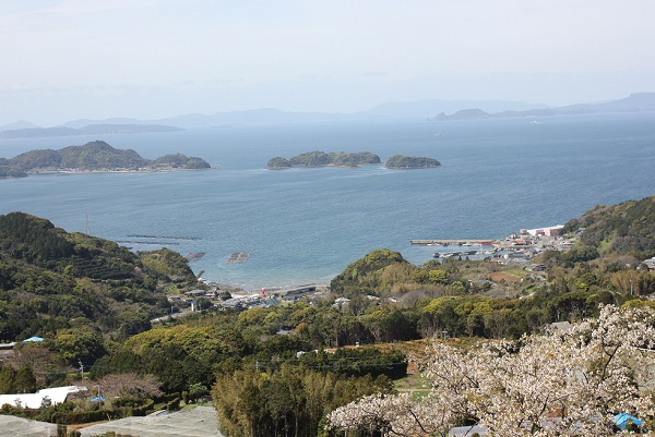 長尾城跡から見た景色の写真（眼下と海、島）
